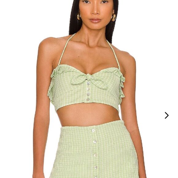 Lovers and Friends Nala Halter Crop Top Ruffles Green Gingham Women's Size XS - Picture 1 of 9